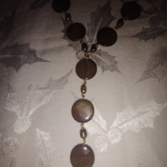 Brown 16" Round Glass Bead Chain w/ 4" Attached Glass Bead Drop & Earring Set - Picture 3 of 6